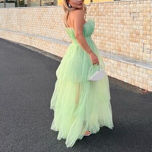 Strapless Tulle high low maxi Apple Green Gown